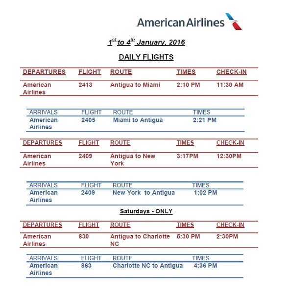 Antigua News AA Flight Schedule January 2016